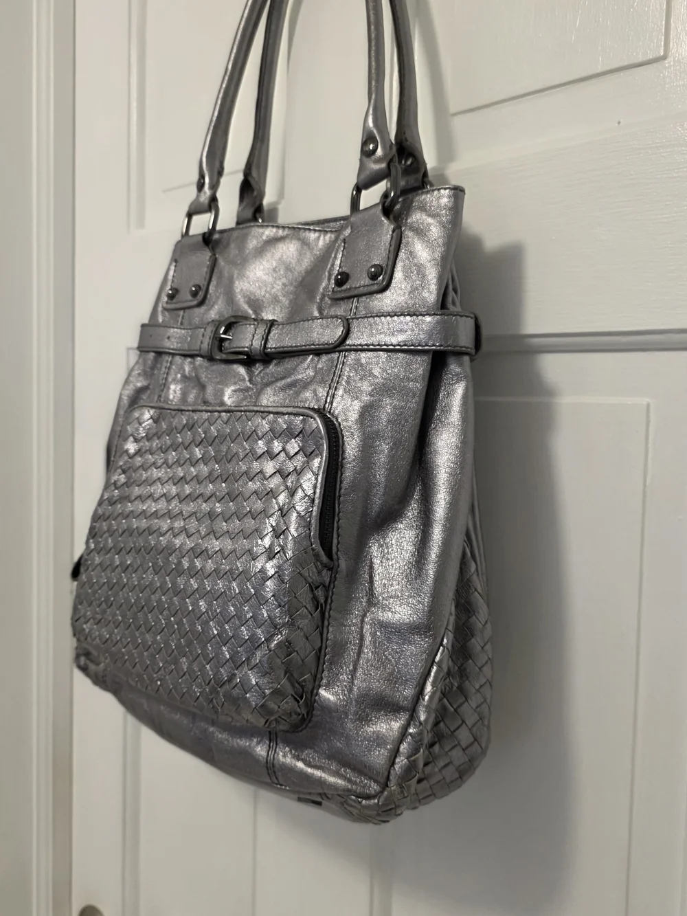 Elliott Lucca Silver Metallic Woven Front Leather Shoulder Bag, Stylish, Unique